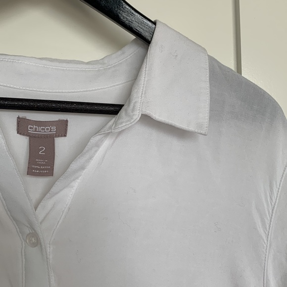 Chico’s White Button Down Front Tie 3/4 Sleeve Blouse - Picture 3 of 14